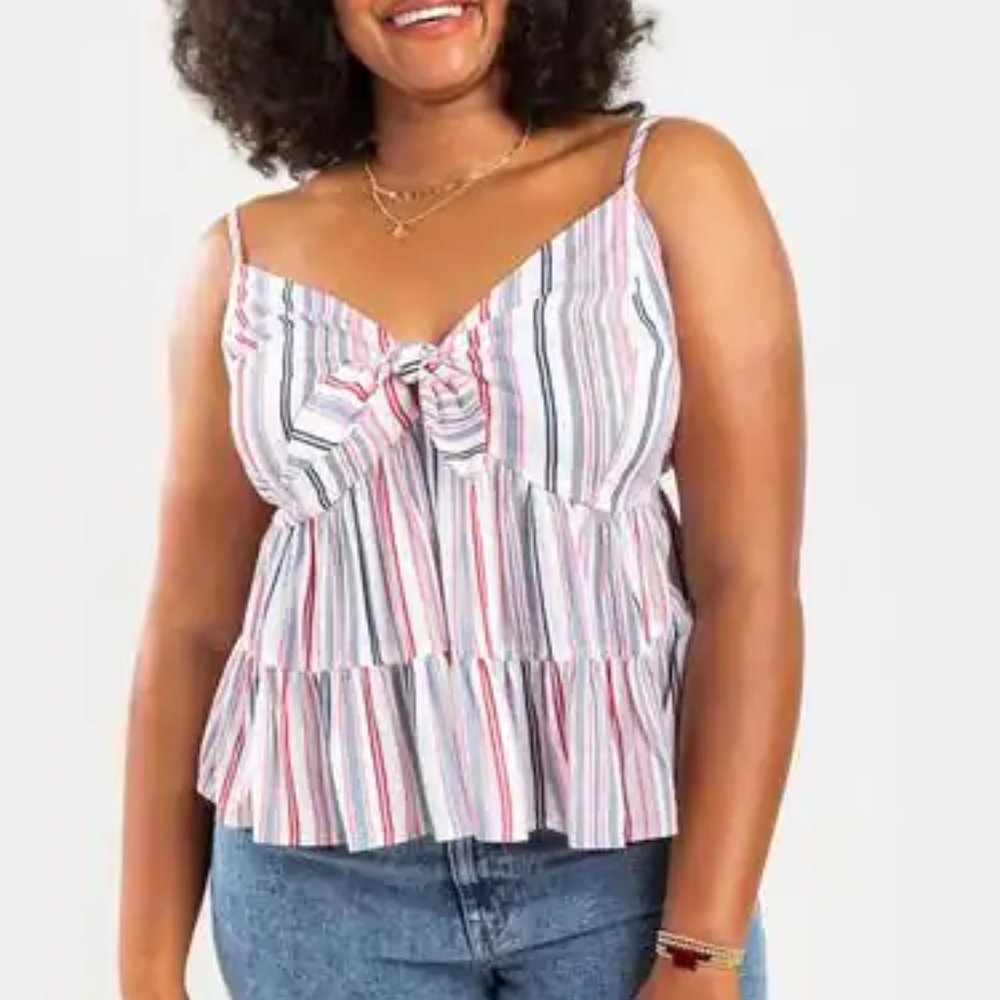 NEW Francescas 3X Red Blue White Striped‎ Knot Tie Front Tank Top Blouse